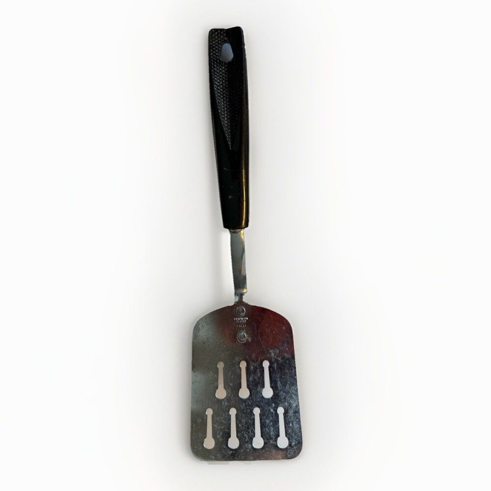 Ekco‎ Chromium Plated Keyhole Spatula Short Handle Black Plastic Melt Marks 10”